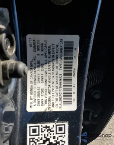 2017 Honda Civic Exl из США, поврежденный, VIN 2HGFC1F76HH646423